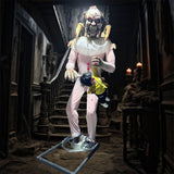 Evil clown animatronic holding doll with violent motion in haunted carnival scene